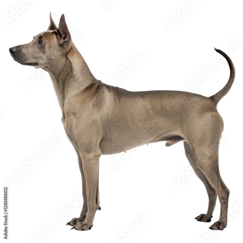 Thai Ridgeback Dog standing upright with head turned captured in a natural outdoor setting displaying curiosity and playfulness