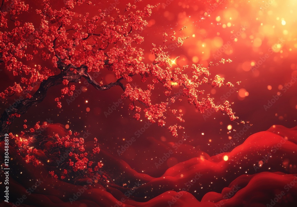 Vibrant Red Tree with Blossoms Against a Dreamy Background of Warm Tones and Bokeh Effects for a Serene Atmosphere and Artistic Inspiration Vibrant Red Tree with Blossoms Against a Dreamy Background of Warm Tones and Bokeh Effects for a Serene Atmosphere and Artistic Inspiration