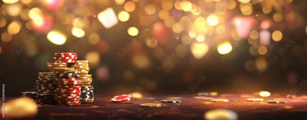 Fototapeta premium Colorful casino chips stacked elegantly against a shimmering background at a lively gambling venue
