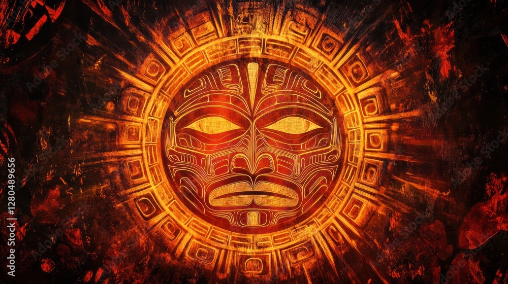 Obraz premium Fiery sun god mask with ancient symbols.