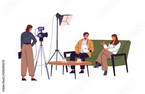 Journalist interviews woman on sofa. Cameraman films how host talks to guest, recording, shooting with video camera TV show in studio. Journalism. Flat isolated vector illustration on white background