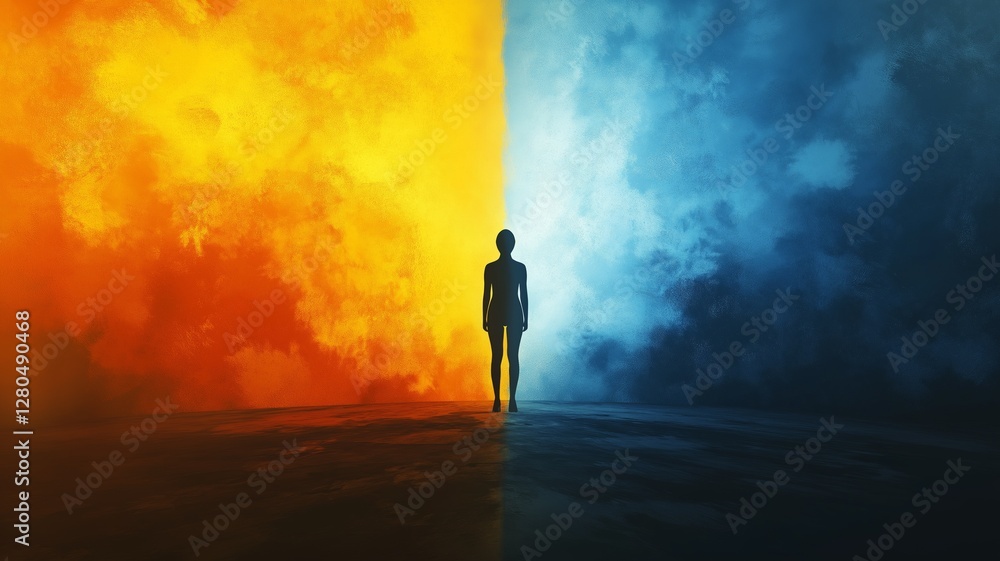 A person standing on the border of extremes, representing the highs and lows of bipolar disorder. Perfect for psychology themes A person standing on the border of extremes, representing the highs and lows of bipolar disorder. Perfect for psychology themes