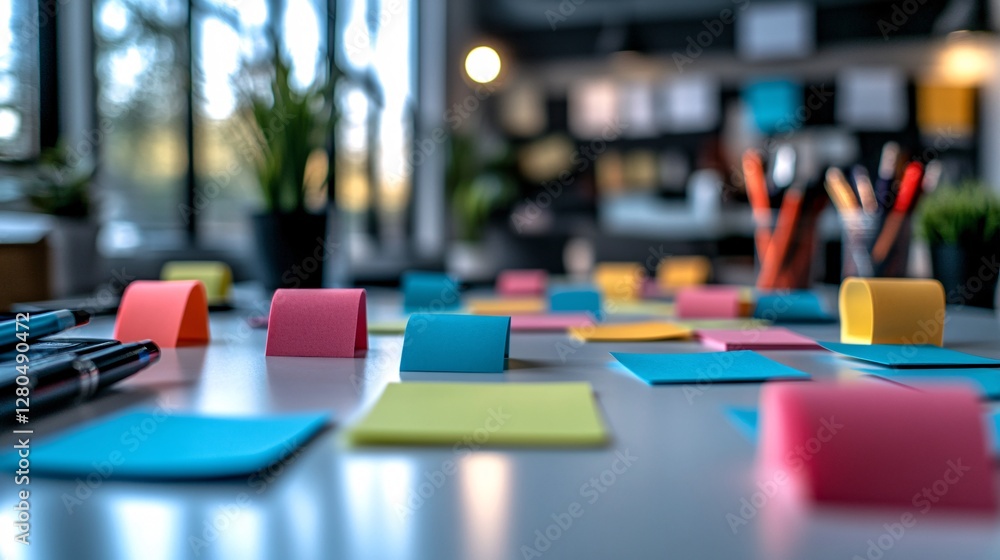 Fototapeta premium Colorful Sticky Notes Spread Across Table in Modern Workspace