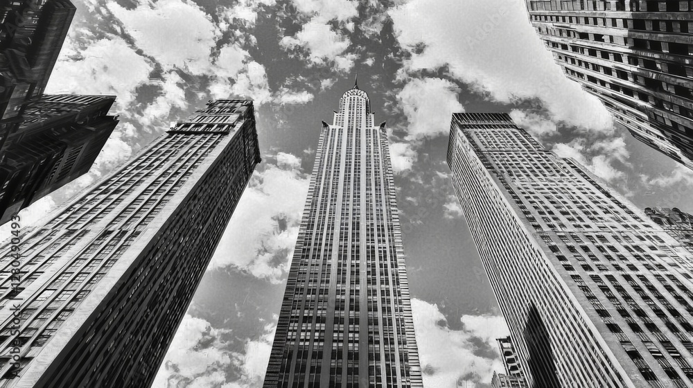 Fototapeta premium Majestic Skyscrapers in Monochrome Against a Dramatic Cloudy Sky from a Low Angle Perspective in an Urban Setting