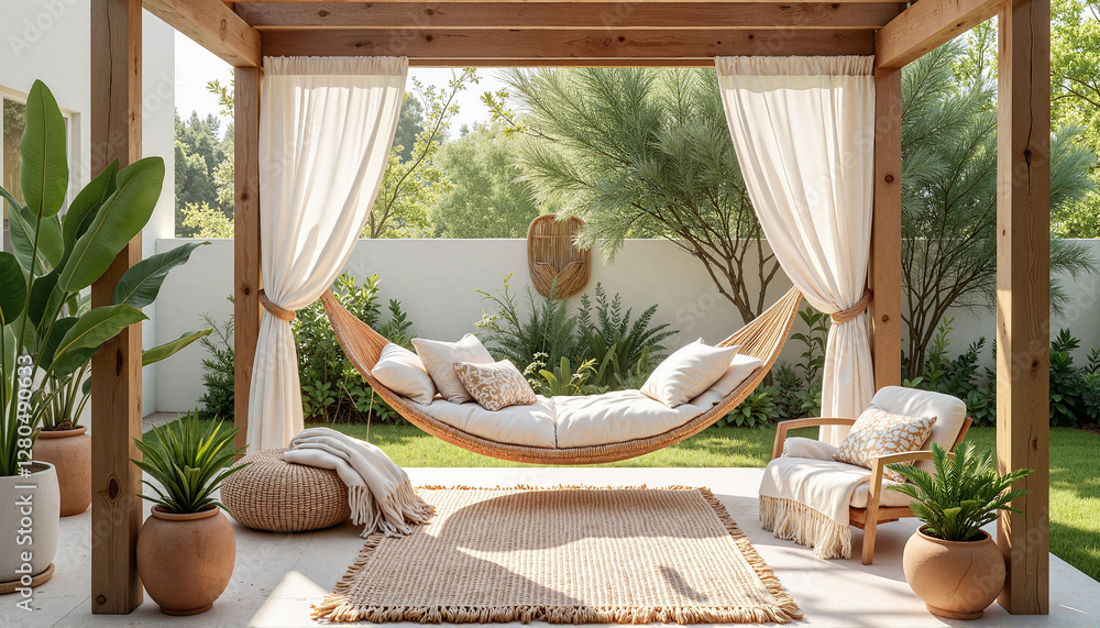 Fototapeta premium Cozy hammock relaxing in sunny backyard under wooden pergola, summer retreat