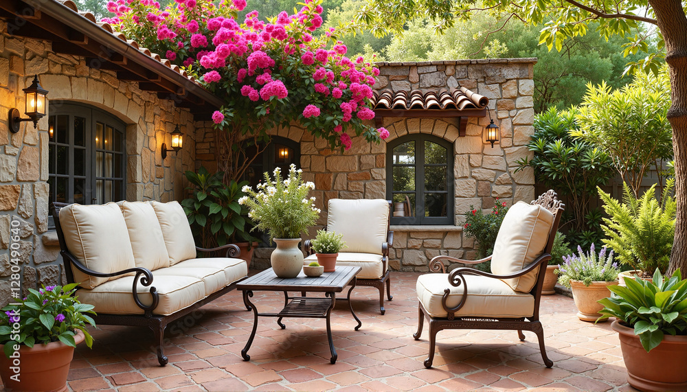 Fototapeta premium Charming Mediterranean patio with vibrant bougainvillea, summer relaxation