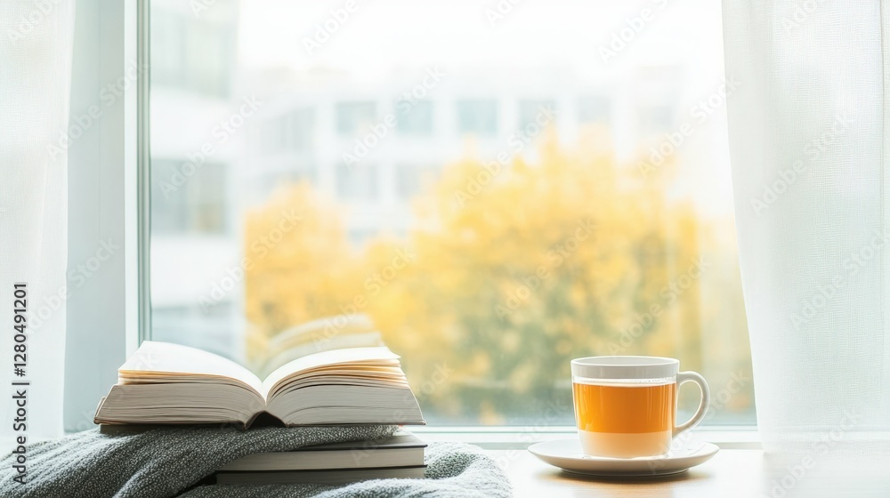 Open book and cup of tea by window with soft autumn background Open book and cup of tea by window with soft autumn background