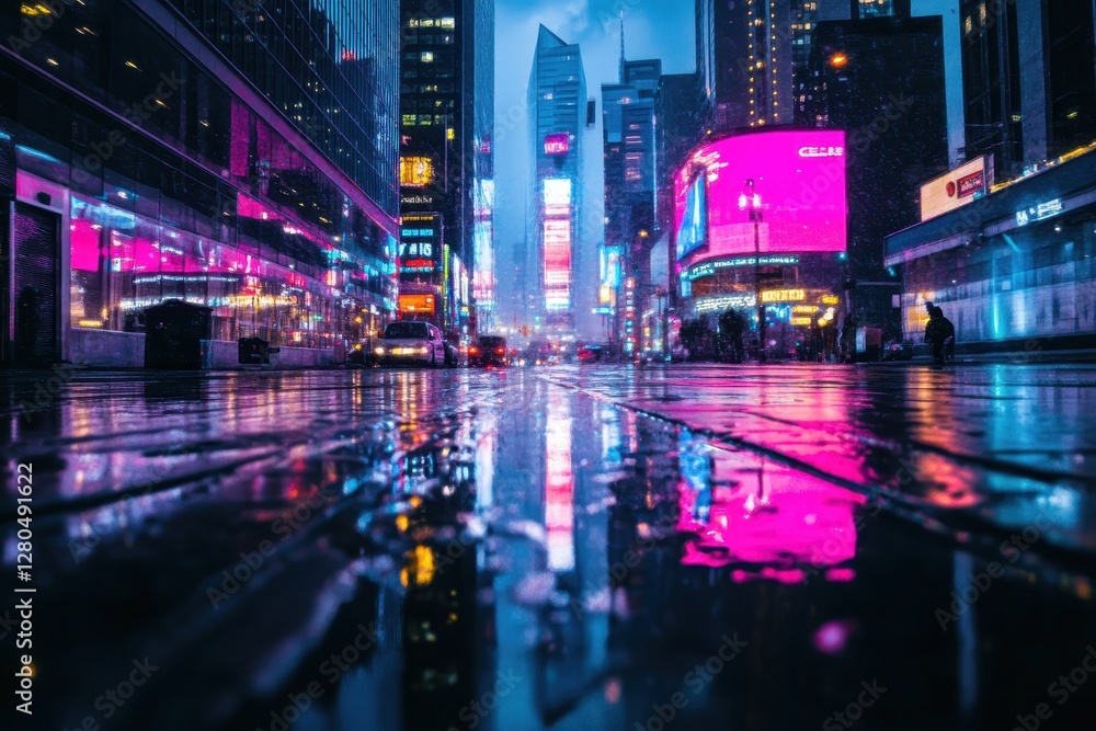 Fototapeta premium Vibrant Neon Lights and Reflections in Busy Urban Street at Night