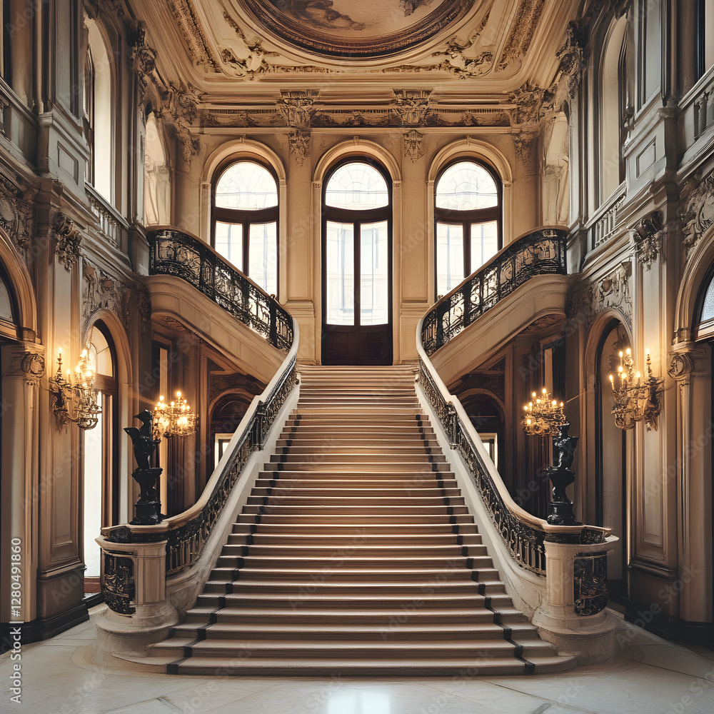 Fototapeta premium Elegant Grand Staircase: A stunning view of a grand staircase within a beautiful building, exuding architectural splendor, a feast for the eyes, evoking a sense of wonder.