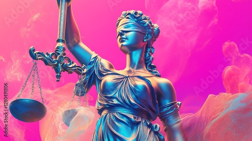 Lady justice statue wielding scales against a vibrant backdrop