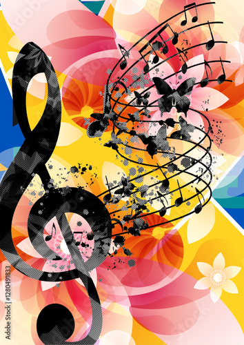 Music collage background with G-clef and musical notes. Design for music concert, festival, party, event. Colorful creative musical poster with abstract elements - vector	