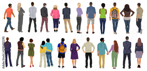 Bundle of diverse People Standing, walking Rear View. Male, Female cartoon Characters different ages, races Wearing casual, formal Clothes Back View vector illustration Isolated