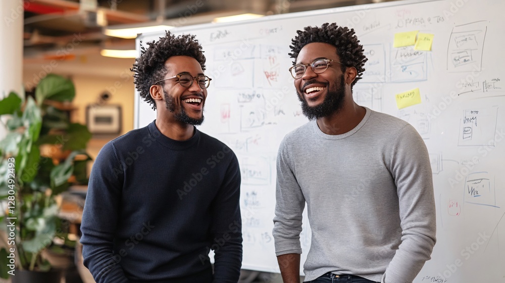 Two Smiling Men in Casual Attire Laughing in Modern Office Space Two Smiling Men in Casual Attire Laughing in Modern Office Space