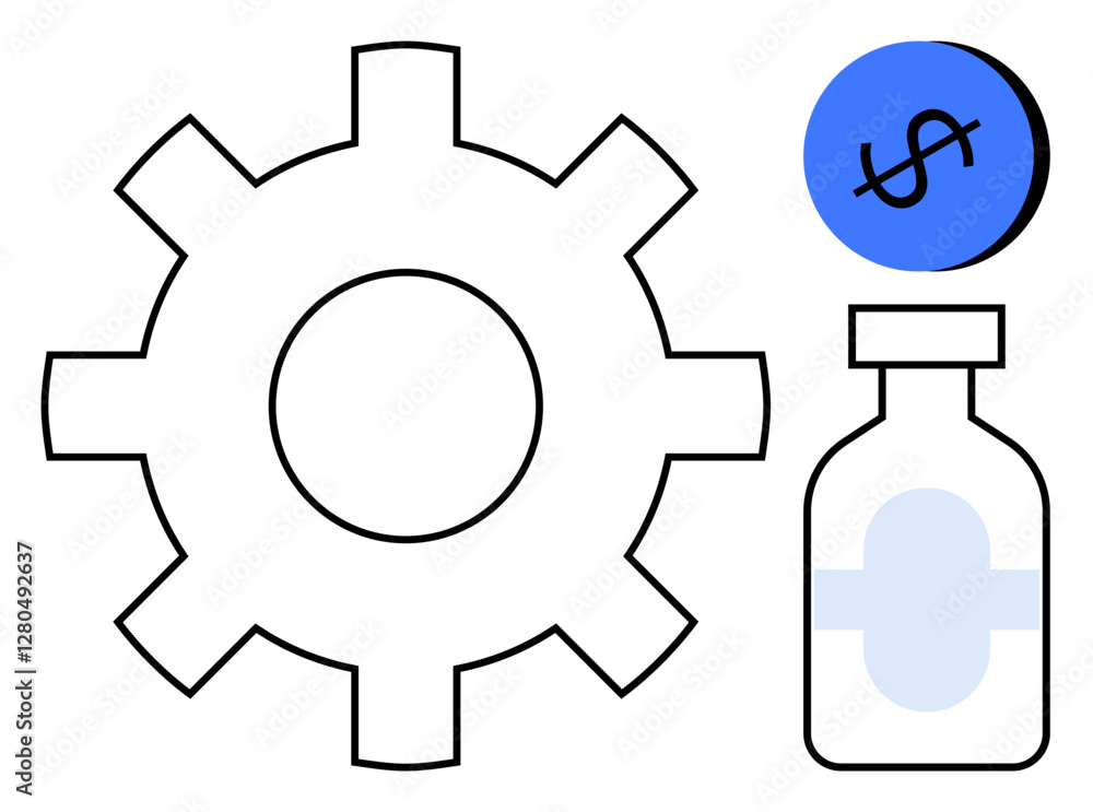 Bold black and blue gear, dollar sign circle, and medicine bottle. Ideal for healthcare, pharmaceutical industry, costs, innovation, production finance technology concepts. Minimalist abstract line Bold black and blue gear, dollar sign circle, and medicine bottle. Ideal for healthcare, pharmaceutical industry, costs, innovation, production finance technology concepts. Minimalist abstract line
