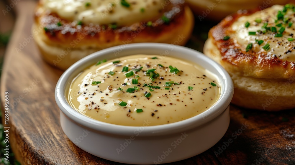 Rich velvety hollandaise sauce with eggs benedict on toasted English muffins Rich velvety hollandaise sauce with eggs benedict on toasted English muffins