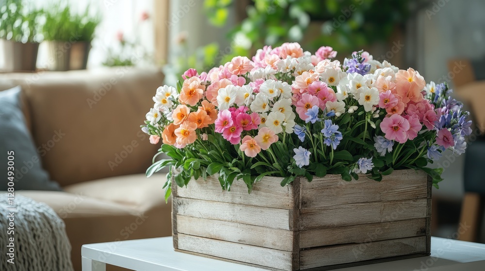 Rustic wooden crate filled with pastel-hued primroses and hyacinths in modern interior Rustic wooden crate filled with pastel-hued primroses and hyacinths in modern interior