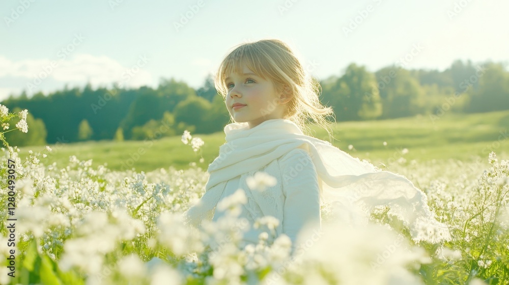 Blonde caucasian child in white dress standing in blooming flower field under sunlight Blonde caucasian child in white dress standing in blooming flower field under sunlight