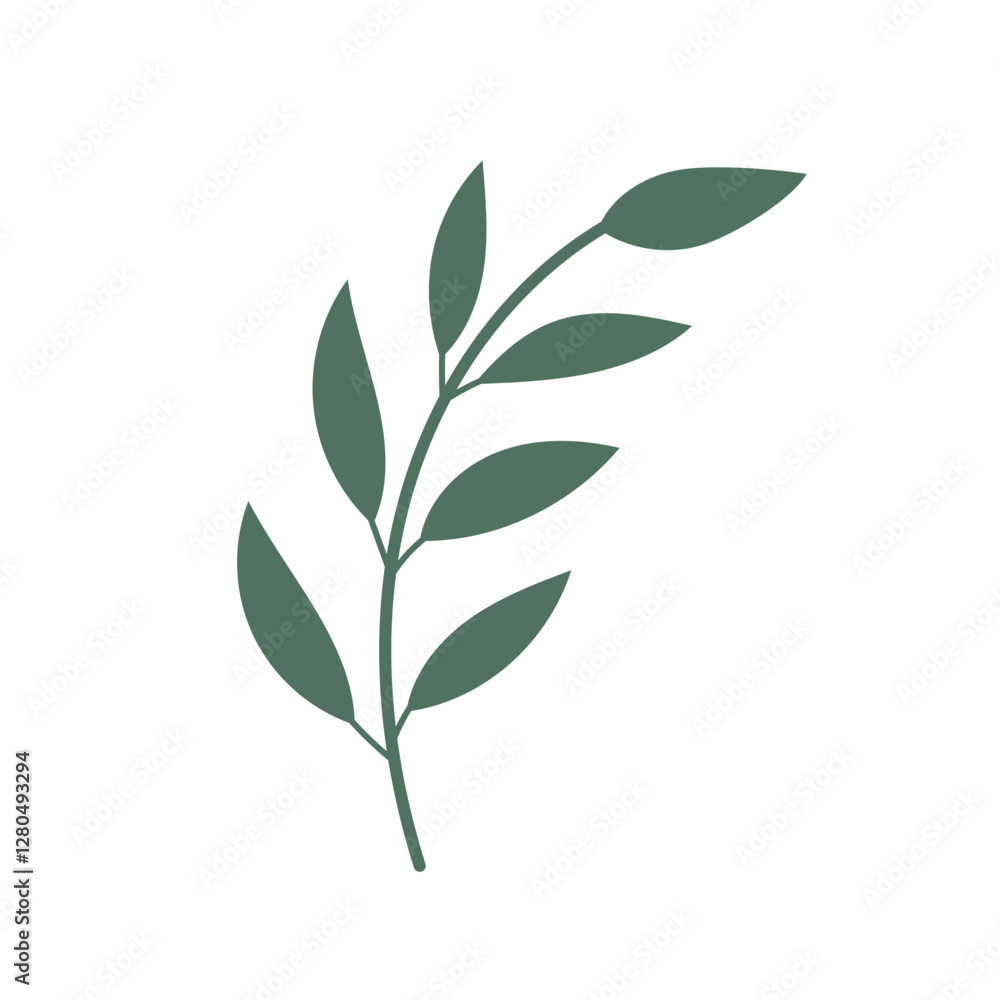 Fototapeta premium Abstract tree branch with leaves, palm leaf. Trendy tree branch isolated on white background. Vector icon. Flat design. Graphic print. Hand drawn leaf
