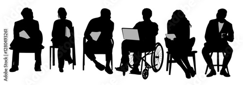 Silhouettes of diverse business people, men and women sitting on office chair, disabled person in wheelchair. Inclusive business concept. Vector illustration isolated on transparent background.