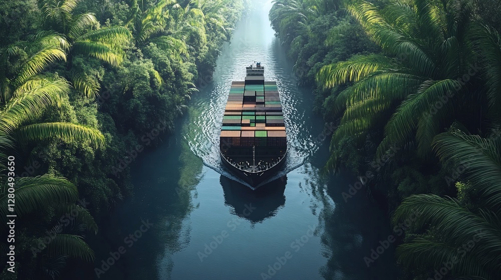 custom made wallpaper toronto digitalCargo ship navigating a lush tropical waterway.