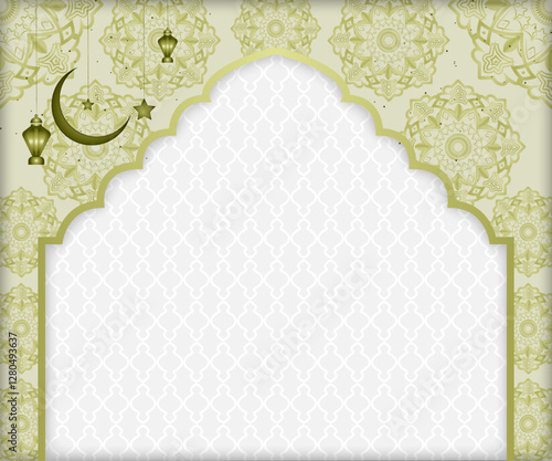 Islamic banner background | Abstract Texture background with moon, star, lamp, pattern | Floral modern background for greeting, Ramadan, Eid, flyer, futuristic, Calendar with citron color