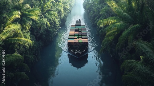 Wallpaper Mural Cargo ship navigating a lush tropical waterway. Torontodigital.ca