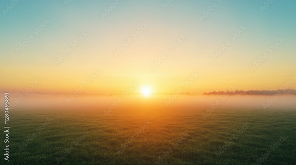 Fototapeta premium Peaceful sunrise over misty field with green grass and clear sky
