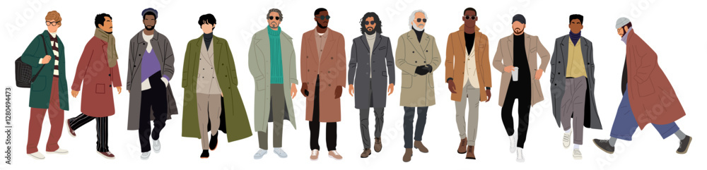 Set of diverse men wearing modern winter, autumn, spring outfit standing, walking. Multiracial male characters in coat, suit, casual clothes. Vector realistic illustration isolated Set of diverse men wearing modern winter, autumn, spring outfit standing, walking. Multiracial male characters in coat, suit, casual clothes. Vector realistic illustration isolated