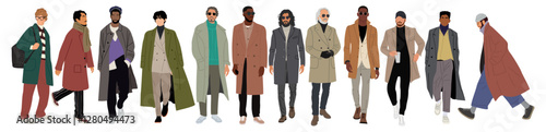 Set of diverse men wearing modern winter, autumn, spring outfit standing, walking. Multiracial male characters in coat, suit, casual clothes. Vector realistic illustration isolated