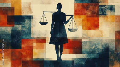 Woman silhouetted holding scales of justice in artistic style