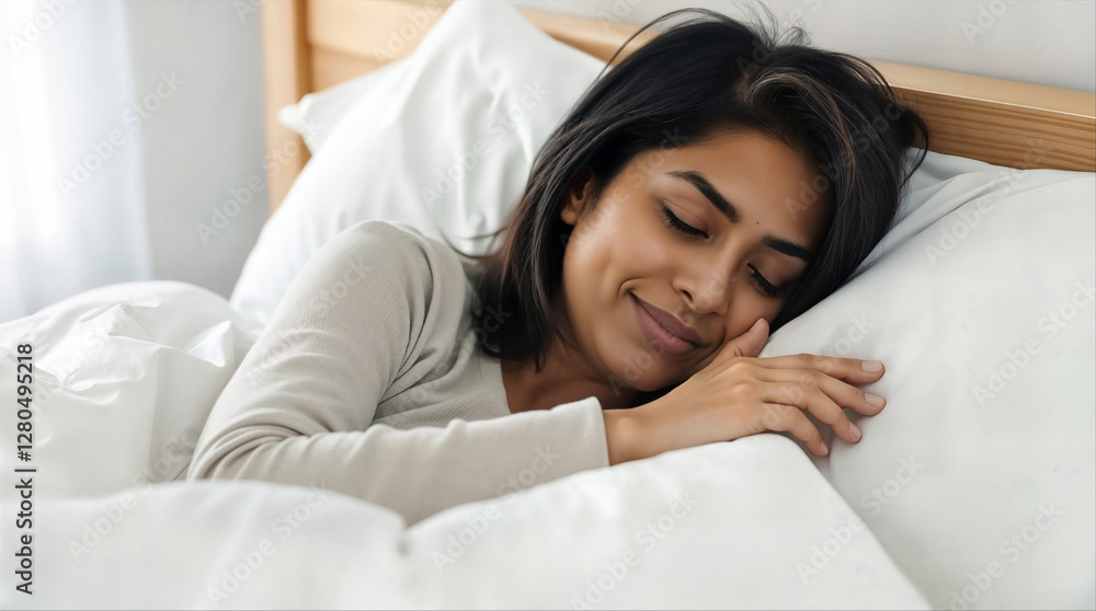 Indian Woman Sleeping Peacefully on a Soft White Pillow with Fresh and Cozy Bedding Indian Woman Sleeping Peacefully on a Soft White Pillow with Fresh and Cozy Bedding