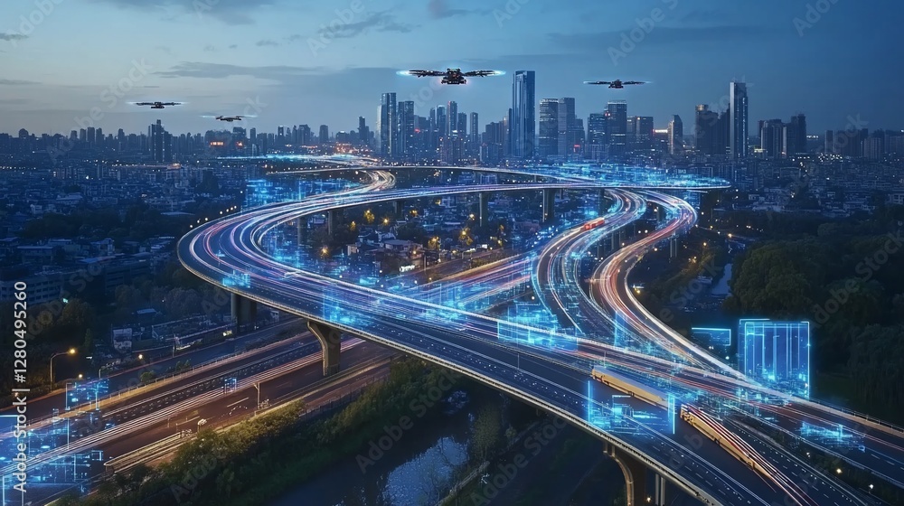 Futuristic city highway at night with autonomous drone and glowing data paths