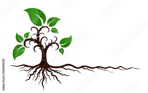 Symbol of a garden tree with roots and green leaves.