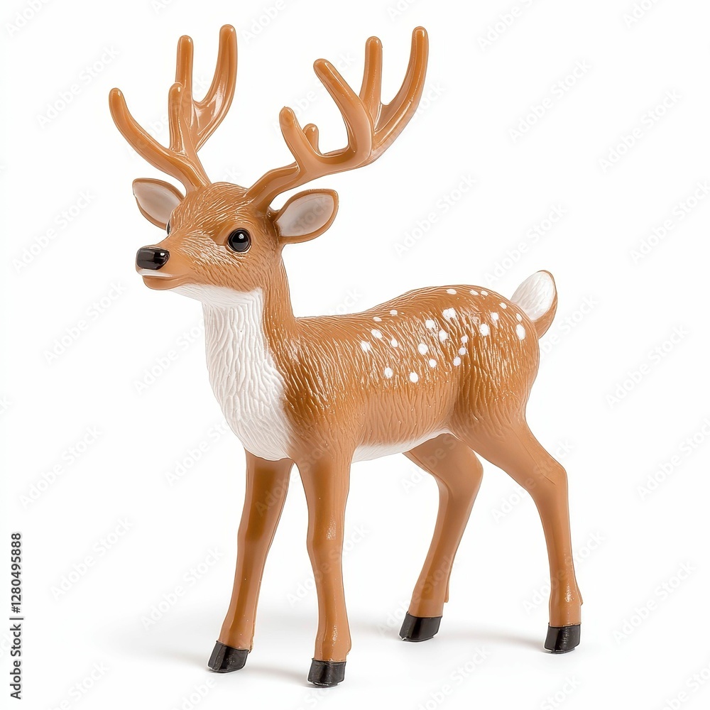 Fototapeta premium Graceful Toy Fawn with White Spots on a White Backdrop for Gentle Play and Imaginative Adventures