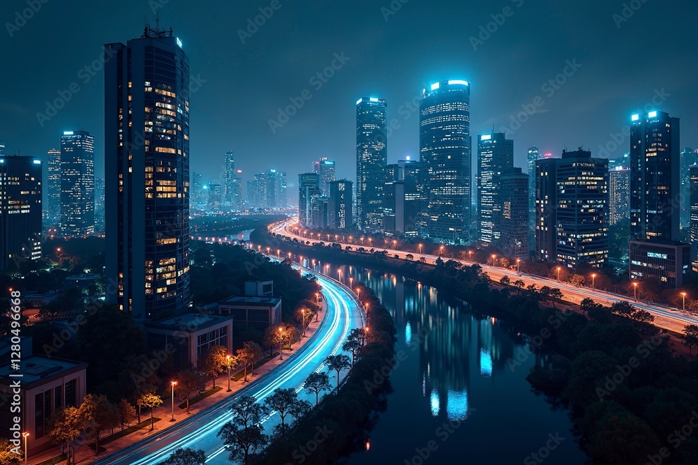 Fototapeta premium Futuristic cityscape with glowing structures and digital pathways, showcasing advanced urban innovation.