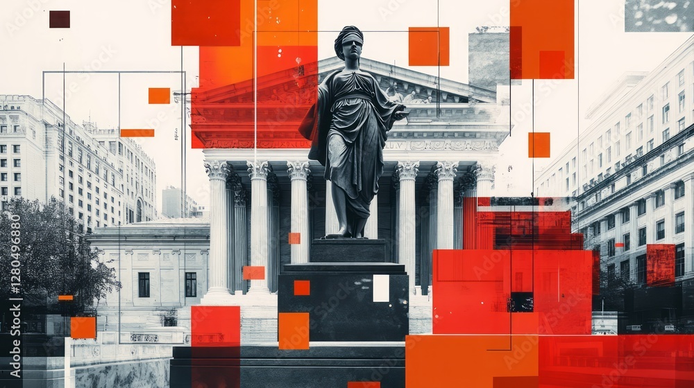 Fototapeta premium Statue of justice stands before courthouse with geometric overlay