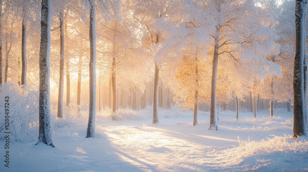Naklejka premium A peaceful frosty forest in the morning light, with trees covered in fresh snow.