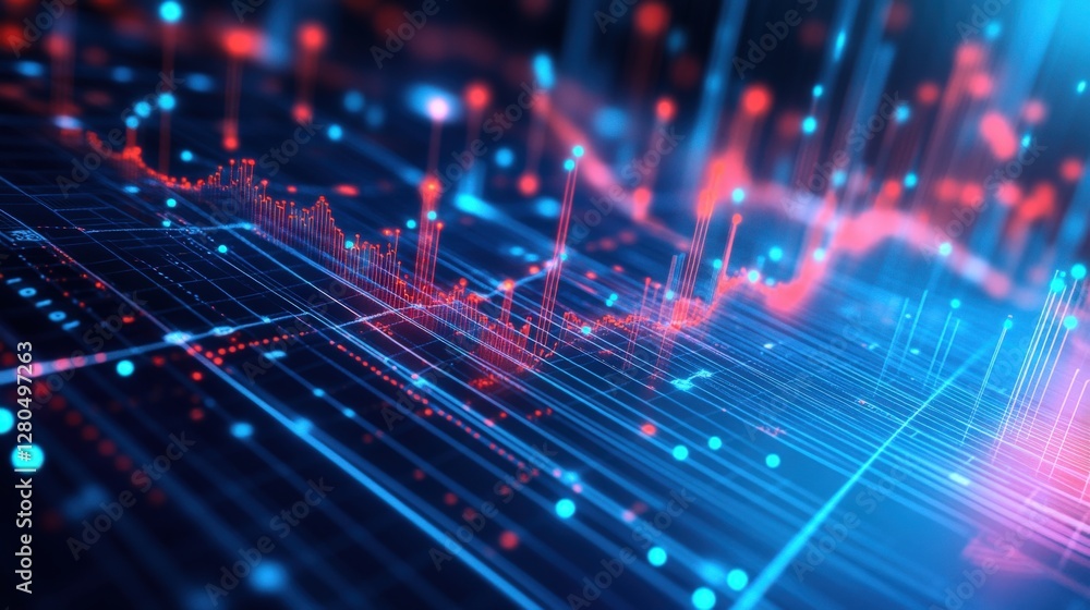 Abstract digital data visualization with vibrant blue and red lines on a dark background Abstract digital data visualization with vibrant blue and red lines on a dark background
