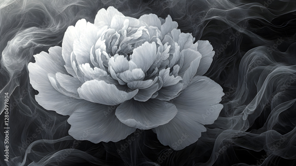 Peony flower outlined with flowing smoky waves Peony flower outlined with flowing smoky waves