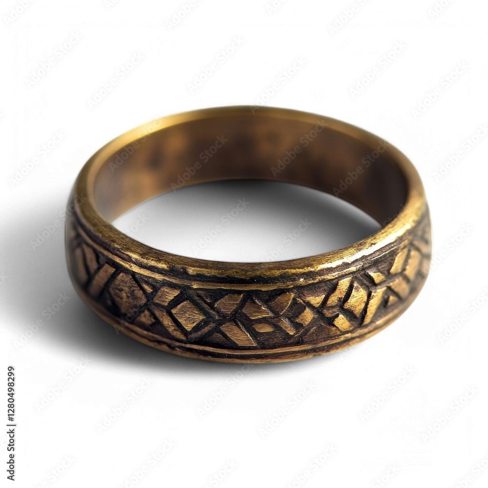 Antique brass ring with geometric patterns and engraved detail Antique brass ring with geometric patterns and engraved detail