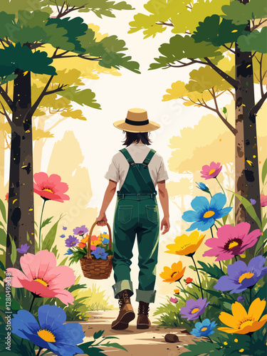  He wears a straw hat, green gardeners overalls, and sturdy boots, carrying a basket overflowing with vibrant flowers