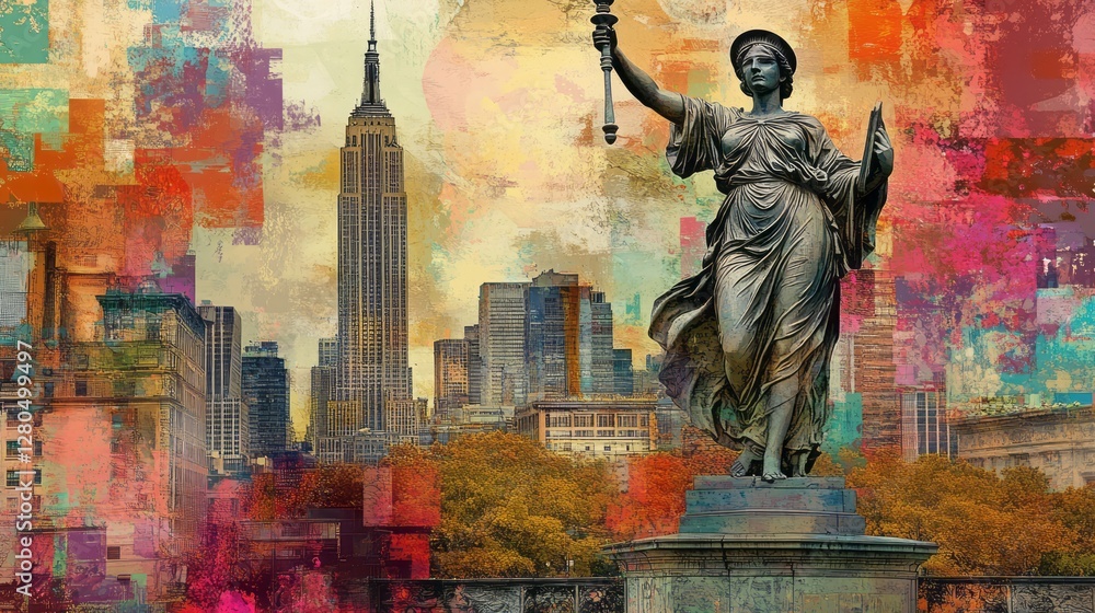 Fototapeta premium Statue of civic virtue overlooks new york city skyline
