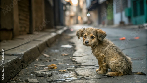 A small, abandoned puppy trembles in the middle of a deserted street, his eyes full of fear. His dirty, matted fur and tucked tail emphasize his defenselessness.