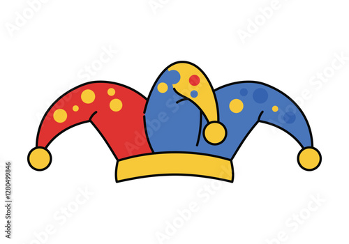 Jester hat clip art. This image shows a colorful jester hat with bells on each tip. Vector illustration design.