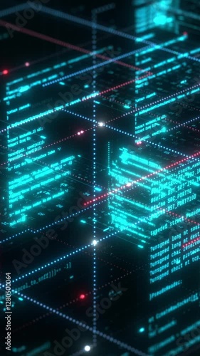 abstract complex neural data network with programming code, concept of web development, machine learning, artificial intelligence, futuristic technology (3d render)
