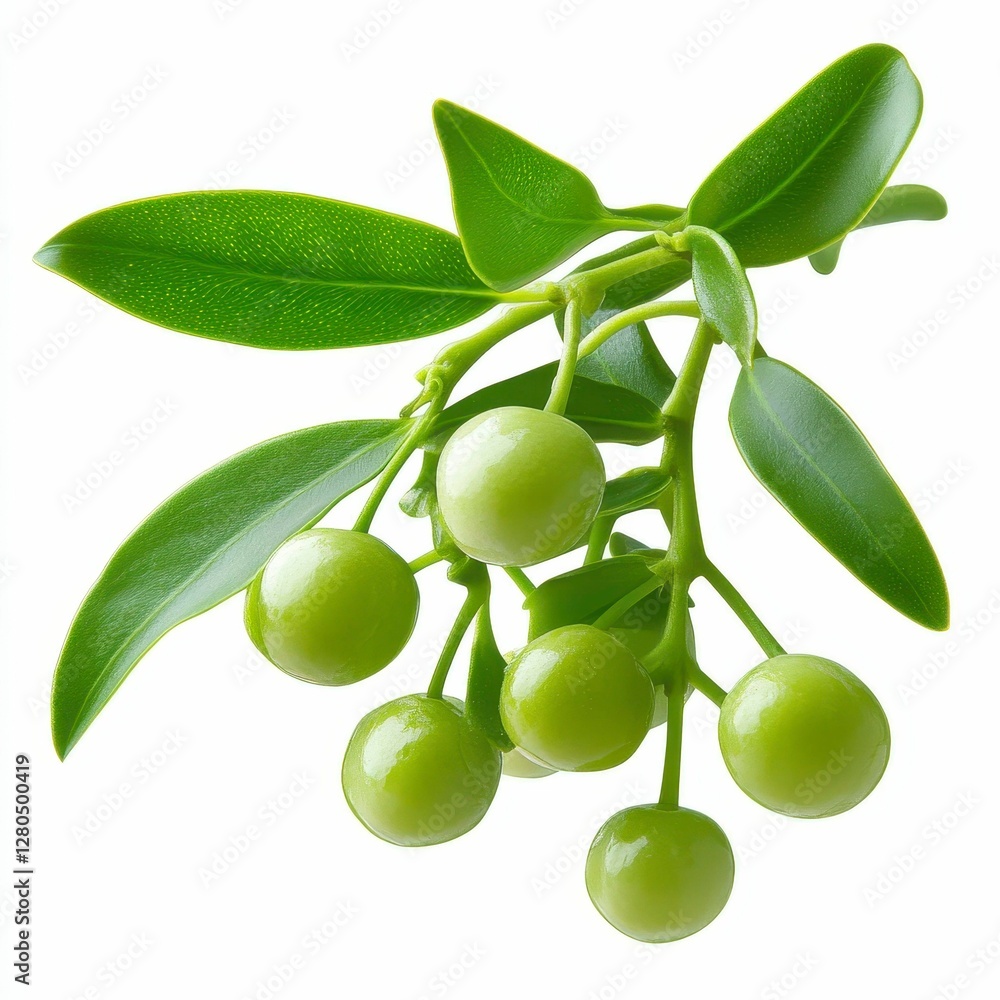 Green Berries and Leaves Bunch on a Twig Close-Up Fresh Bright Detailed Botanical Plant Study Green Berries and Leaves Bunch on a Twig Close-Up Fresh Bright Detailed Botanical Plant Study