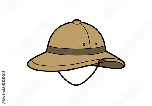 Safari hat clip art. This image shows a tan safari hat with a dark brown band and a chin strap. Vector illustration design.