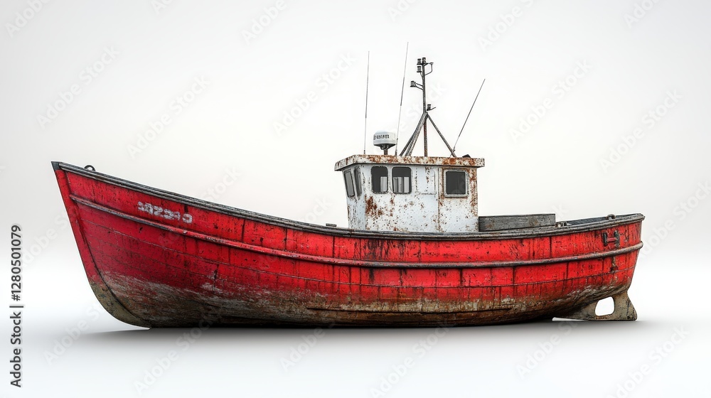 Vibrant red fishing boat isolated against white background for visual impact Vibrant red fishing boat isolated against white background for visual impact