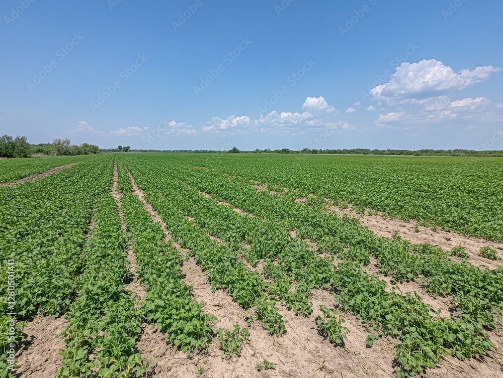 Rural field, rows of young plants, sunny day, distant trees Rural field, rows of young plants, sunny day, distant trees
