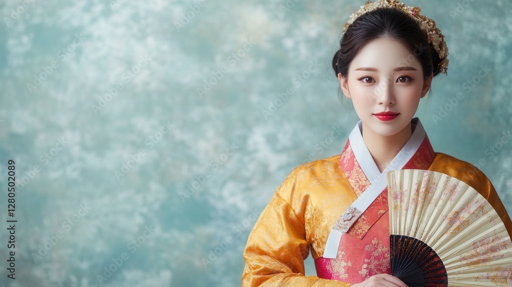Elegant Woman Dressed in Traditional Attire Holding a Fan Elegant Woman Dressed in Traditional Attire Holding a Fan